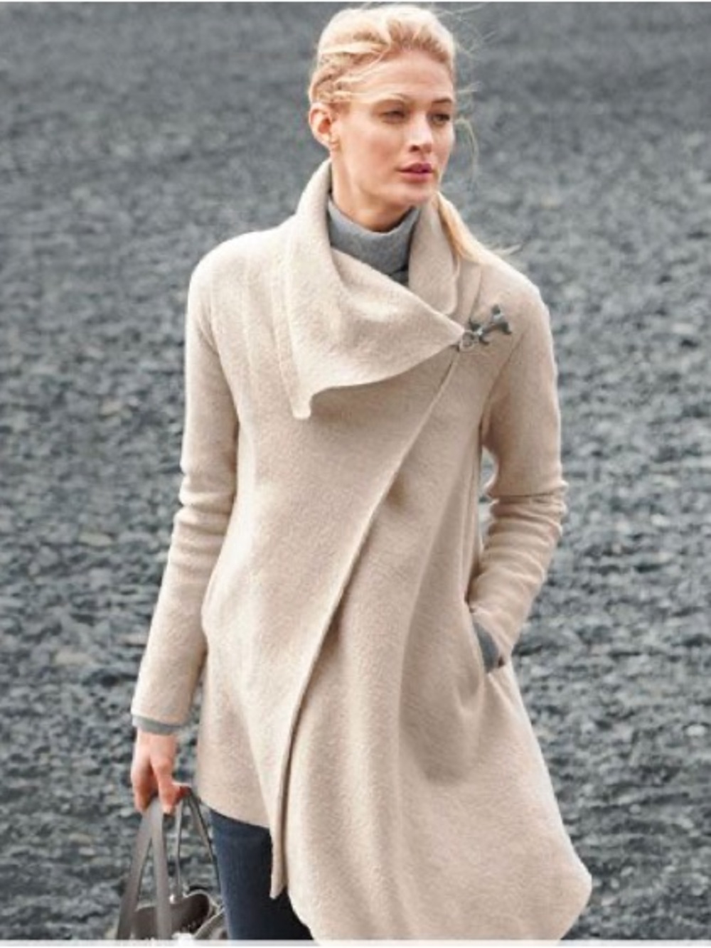 Garnet Hill Asymmetrical Boiled Wool Coat Cream Asymmetric Wrap Sweater 4P